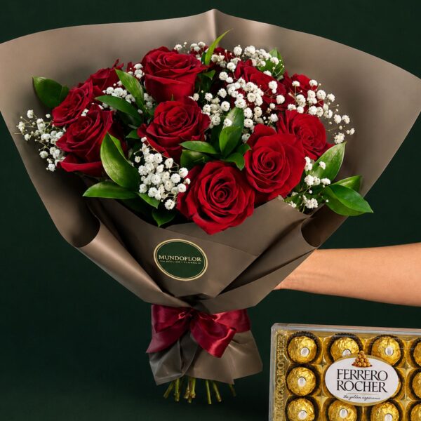 Ramo de rosas rojas 12 varas + Chocolates