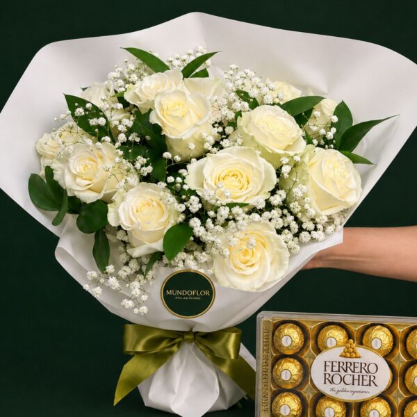 Ramo de rosas blancas 12 varas + Chocolates