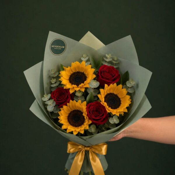 Ramo de Girasoles Rosas rojas y Eucalipto 6 varas