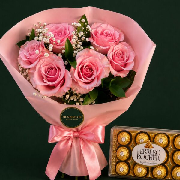 Ramo de rosas rosadas 12 varas + chocolates