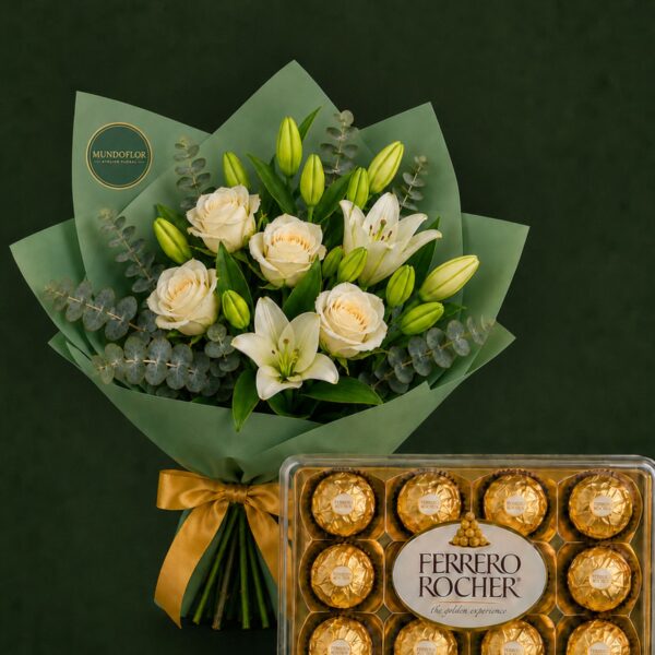 Ramo de Lilium con rosas blancas 9 varas + chocolates