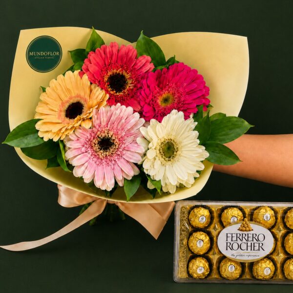 Ramo de Gerberas con ruscus 5 varas + chocolates