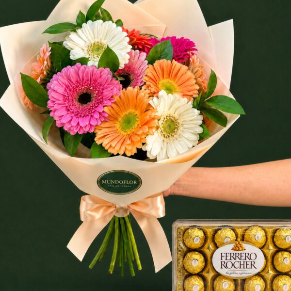 Ramo de Gerberas con ruscus 10 varas + chocolates