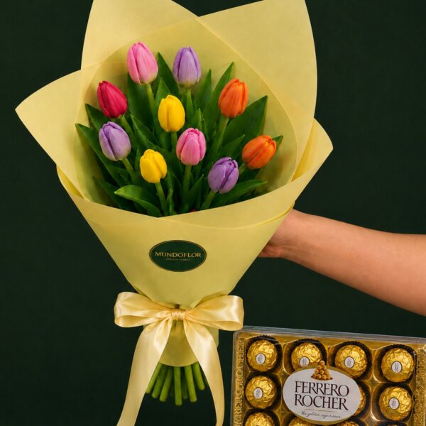 Ramo Tulipanes mix color 10 varas + chocolates