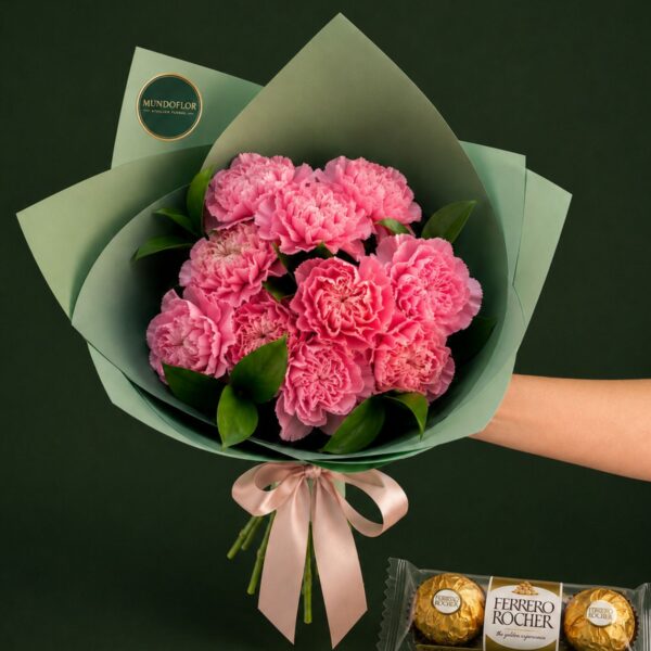 Ramo de Mini Claveles rosados 10 varas + chocolates