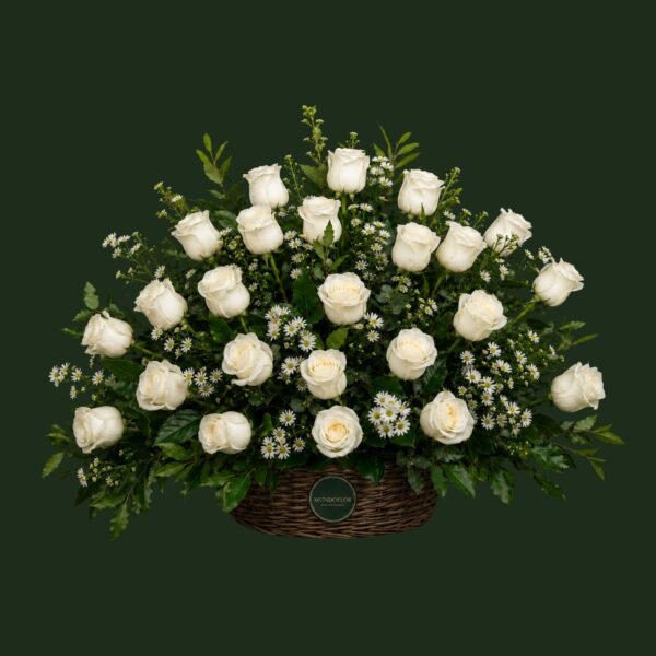 Pie de urna con rosas blancas y follajes 25 varas